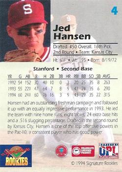 1994 Signature Rookies Draft Picks #4 Jed Hansen Back