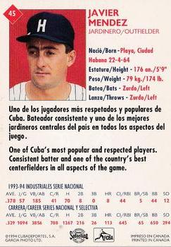 1994 Cuban Serie Selectiva #45 Javier Mendez Back