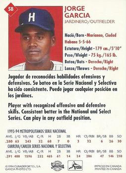 1994 Cuban Serie Selectiva #58 Jorge Garcia Back