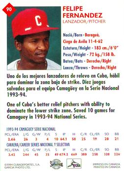 1994 Cuban Serie Selectiva #90 Felipe Fernandez Back