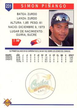 1993-94 Line Up Venezuelan Winter League #231 Simon Pinango Back