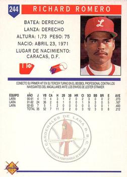 1993-94 Line Up Venezuelan Winter League #244 Richard Romero Back