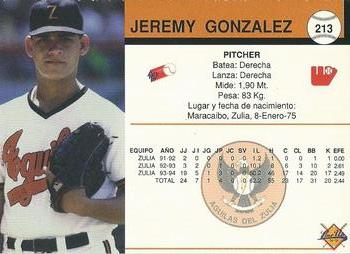 1994-95 Line Up Venezuelan Winter League #213 Jeremis Gonzalez Back