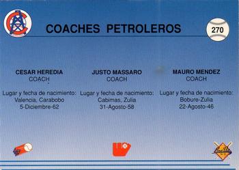 1994-95 Line Up Venezuelan Winter League #270 Coaches Petroleros (Cesar Heredia / Justo Massaro / Mauro Mendez) Back