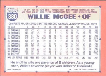 1991 Topps - Collector's Edition (Tiffany) #380 Willie McGee Back