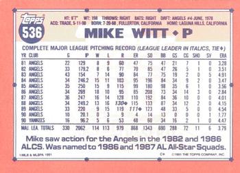 1991 Topps - Collector's Edition (Tiffany) #536 Mike Witt Back
