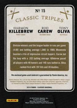 2014 Panini Classics - Classic Triples Jerseys Prime #15 Harmon Killebrew / Rod Carew / Tony Oliva Back