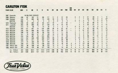 1983 True Value Chicago White Sox #NNO Carlton Fisk Back