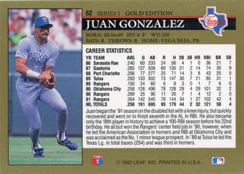1992 Leaf - Black Gold #62 Juan Gonzalez Back