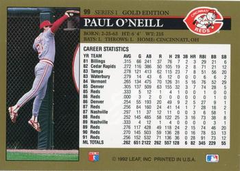 1992 Leaf - Black Gold #99 Paul O'Neill Back