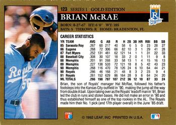 1992 Leaf - Black Gold #123 Brian McRae Back
