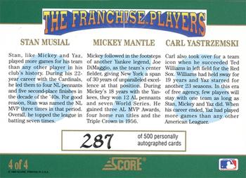 1992 Score - The Franchise Autographs #4 Stan Musial / Mickey Mantle / Carl Yastrzemski Back