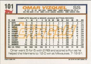 1992 Topps - Gold #101 Omar Vizquel Back