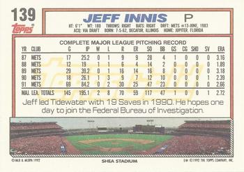 1992 Topps - Gold #139 Jeff Innis Back