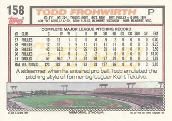 1992 Topps - Gold #158 Todd Frohwirth Back