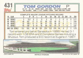 1992 Topps - Gold #431 Tom Gordon Back