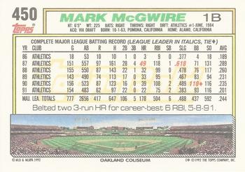 1992 Topps - Gold #450 Mark McGwire Back