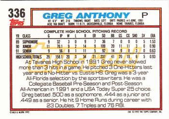 1992 Topps - Gold #336 Greg Anthony Back