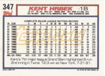 1992 Topps - Gold #347 Kent Hrbek Back