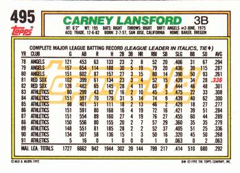 1992 Topps - Gold #495 Carney Lansford Back