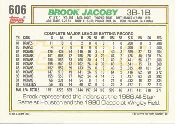 1992 Topps - Gold #606 Brook Jacoby Back