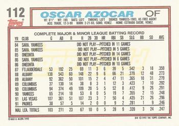 1992 Topps - Gold Winners #112 Oscar Azocar Back