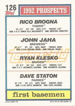1992 Topps - Gold Winners #126 Rico Brogna / John Jaha / Ryan Klesko / Dave Staton Back