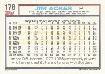 1992 Topps - Gold Winners #178 Jim Acker Back