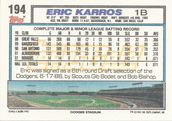 1992 Topps - Gold Winners #194 Eric Karros Back