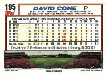 1992 Topps - Gold Winners #195 David Cone Back