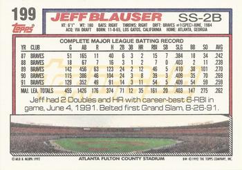 1992 Topps - Gold Winners #199 Jeff Blauser Back