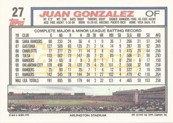 1992 Topps - Gold Winners #27 Juan Gonzalez Back
