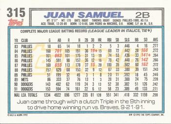 1992 Topps - Gold Winners #315 Juan Samuel Back
