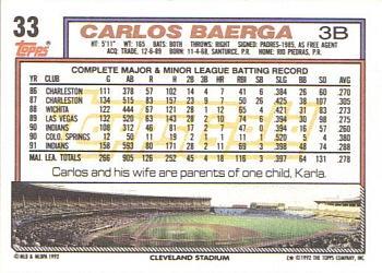 1992 Topps - Gold Winners #33 Carlos Baerga Back