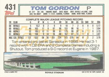 1992 Topps - Gold Winners #431 Tom Gordon Back