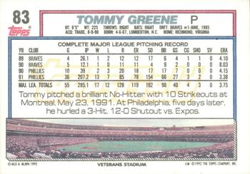 1992 Topps - Gold Winners #83 Tommy Greene Back