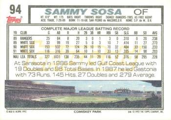 1992 Topps - Gold Winners #94 Sammy Sosa Back