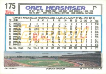 1992 Topps - Gold Winners #175 Orel Hershiser Back