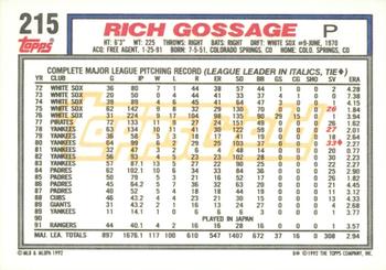 1992 Topps - Gold Winners #215 Rich Gossage Back