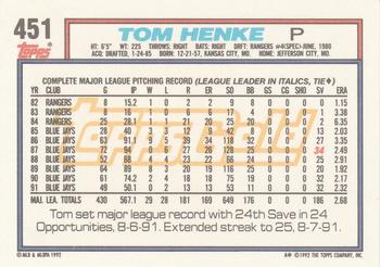 1992 Topps - Gold Winners #451 Tom Henke Back