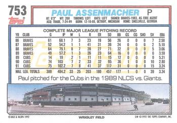 1992 Topps - Gold Winners #753 Paul Assenmacher Back