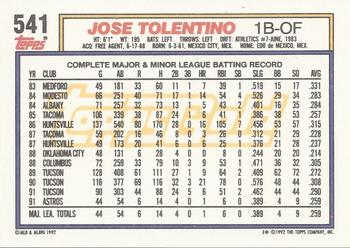 1992 Topps - Gold Winners #541 Jose Tolentino Back