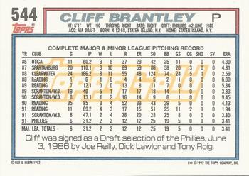 1992 Topps - Gold Winners #544 Cliff Brantley Back
