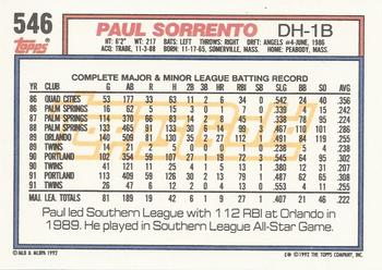 1992 Topps - Gold Winners #546 Paul Sorrento Back