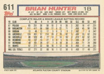 1992 Topps - Gold Winners #611 Brian Hunter Back