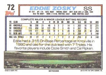 1992 Topps - Gold Winners #72 Eddie Zosky Back