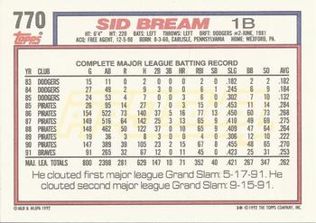 1992 Topps - Gold Winners #770 Sid Bream Back