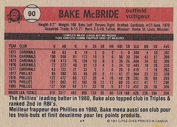 1981 O-Pee-Chee - Gray Back #90 Bake McBride Back
