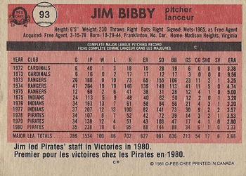 1981 O-Pee-Chee - Gray Back #93 Jim Bibby Back