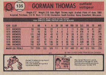 1981 O-Pee-Chee - Gray Back #135 Gorman Thomas Back